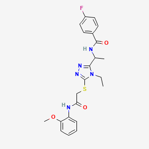 molecular formula C22H24FN5O3S B4229032 N-{1-[4-ethyl-5-({2-[(2-methoxyphenyl)amino]-2-oxoethyl}thio)-4H-1,2,4-triazol-3-yl]ethyl}-4-fluorobenzamide 