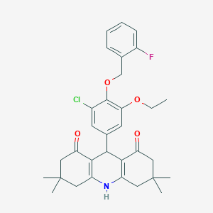 molecular formula C32H35ClFNO4 B422906 9-{3-chloro-5-ethoxy-4-[(2-fluorobenzyl)oxy]phenyl}-3,3,6,6-tetramethyl-3,4,6,7,9,10-hexahydro-1,8(2H,5H)-acridinedione 
