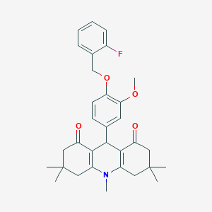 molecular formula C32H36FNO4 B422909 9-{4-[(2-fluorobenzyl)oxy]-3-methoxyphenyl}-3,3,6,6,10-pentamethyl-3,4,6,7,9,10-hexahydro-1,8(2H,5H)-acridinedione 