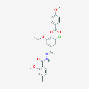 molecular formula C26H25ClN2O6 B422947 2-chloro-6-ethoxy-4-[(E)-{2-[(2-methoxy-4-methylphenyl)carbonyl]hydrazinylidene}methyl]phenyl 4-methoxybenzoate 