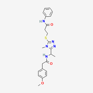 molecular formula C23H27N5O3S B4229476 3-{[5-(1-{[(4-methoxyphenyl)acetyl]amino}ethyl)-4-methyl-4H-1,2,4-triazol-3-yl]thio}-N-phenylpropanamide 