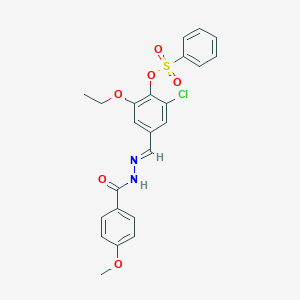 molecular formula C23H21ClN2O6S B422949 2-chloro-6-ethoxy-4-[(E)-{2-[(4-methoxyphenyl)carbonyl]hydrazinylidene}methyl]phenyl benzenesulfonate 