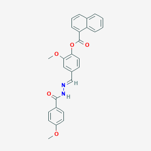 molecular formula C27H22N2O5 B422950 2-methoxy-4-[(E)-{2-[(4-methoxyphenyl)carbonyl]hydrazinylidene}methyl]phenyl naphthalene-1-carboxylate 