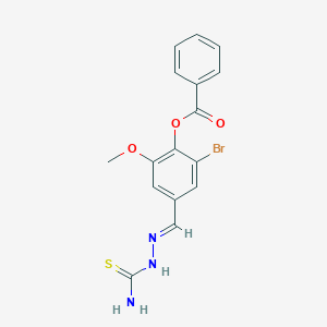 molecular formula C16H14BrN3O3S B422960 2-bromo-4-[(E)-(2-carbamothioylhydrazinylidene)methyl]-6-methoxyphenyl benzoate 