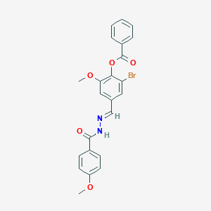 molecular formula C23H19BrN2O5 B422964 2-bromo-6-methoxy-4-[(E)-{2-[(4-methoxyphenyl)carbonyl]hydrazinylidene}methyl]phenyl benzoate 