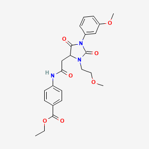 molecular formula C24H27N3O7 B4229690 ethyl 4-({[3-(2-methoxyethyl)-1-(3-methoxyphenyl)-2,5-dioxo-4-imidazolidinyl]acetyl}amino)benzoate 