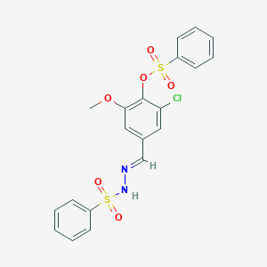 molecular formula C20H17ClN2O6S2 B422972 2-chloro-6-methoxy-4-{(E)-[2-(phenylsulfonyl)hydrazinylidene]methyl}phenyl benzenesulfonate 