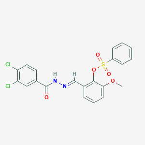 molecular formula C21H16Cl2N2O5S B422973 2-[(E)-{2-[(3,4-dichlorophenyl)carbonyl]hydrazinylidene}methyl]-6-methoxyphenyl benzenesulfonate 