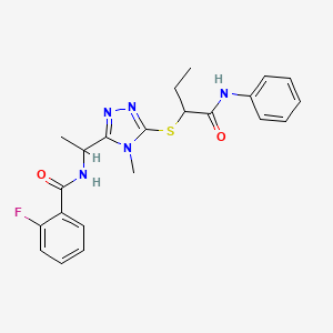 molecular formula C22H24FN5O2S B4229869 N-[1-(5-{[1-(anilinocarbonyl)propyl]thio}-4-methyl-4H-1,2,4-triazol-3-yl)ethyl]-2-fluorobenzamide 