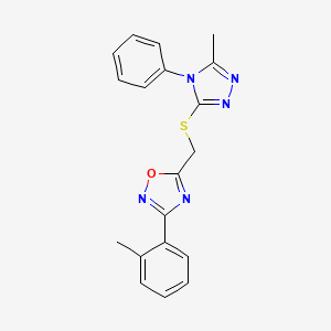 molecular formula C19H17N5OS B4230006 3-(2-methylphenyl)-5-{[(5-methyl-4-phenyl-4H-1,2,4-triazol-3-yl)thio]methyl}-1,2,4-oxadiazole 