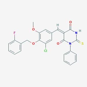 molecular formula C25H18ClFN2O4S B423002 (5Z)-5-{3-chloro-4-[(2-fluorobenzyl)oxy]-5-methoxybenzylidene}-1-phenyl-2-thioxodihydropyrimidine-4,6(1H,5H)-dione 