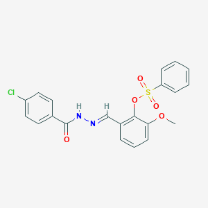 molecular formula C21H17ClN2O5S B423021 2-[(E)-{2-[(4-chlorophenyl)carbonyl]hydrazinylidene}methyl]-6-methoxyphenyl benzenesulfonate 
