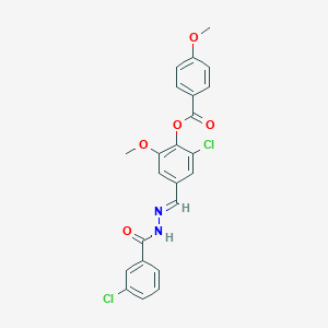 molecular formula C23H18Cl2N2O5 B423026 2-chloro-4-[(E)-{2-[(3-chlorophenyl)carbonyl]hydrazinylidene}methyl]-6-methoxyphenyl 4-methoxybenzoate 