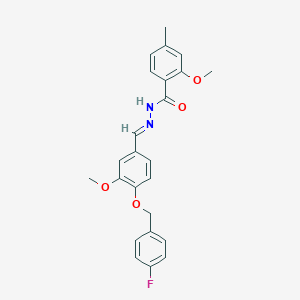 molecular formula C24H23FN2O4 B423032 N'-{4-[(4-fluorobenzyl)oxy]-3-methoxybenzylidene}-2-methoxy-4-methylbenzohydrazide 