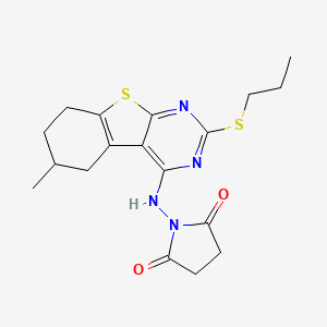 molecular formula C18H22N4O2S2 B4230401 1-{[6-methyl-2-(propylthio)-5,6,7,8-tetrahydro[1]benzothieno[2,3-d]pyrimidin-4-yl]amino}-2,5-pyrrolidinedione 