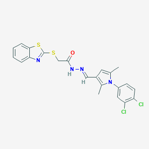 molecular formula C22H18Cl2N4OS2 B423046 2-(1,3-benzothiazol-2-ylsulfanyl)-N'-{[1-(3,4-dichlorophenyl)-2,5-dimethyl-1H-pyrrol-3-yl]methylene}acetohydrazide 