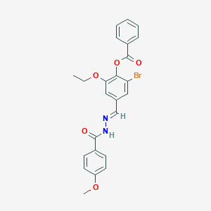 molecular formula C24H21BrN2O5 B423051 2-bromo-6-ethoxy-4-[(E)-{2-[(4-methoxyphenyl)carbonyl]hydrazinylidene}methyl]phenyl benzoate 