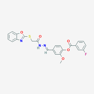 molecular formula C24H18FN3O5S B423059 4-[(E)-{2-[(1,3-benzoxazol-2-ylsulfanyl)acetyl]hydrazinylidene}methyl]-2-methoxyphenyl 3-fluorobenzoate 