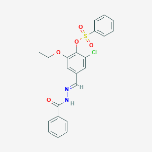 molecular formula C22H19ClN2O5S B423066 2-chloro-6-ethoxy-4-{(E)-[2-(phenylcarbonyl)hydrazinylidene]methyl}phenyl benzenesulfonate 