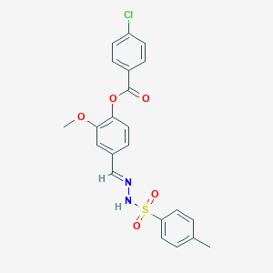 molecular formula C22H19ClN2O5S B423086 2-methoxy-4-((E)-{[(4-methylphenyl)sulfonyl]hydrazono}methyl)phenyl 4-chlorobenzoate 