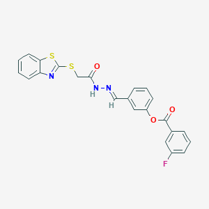 molecular formula C23H16FN3O3S2 B423087 3-[(E)-{2-[(1,3-benzothiazol-2-ylsulfanyl)acetyl]hydrazinylidene}methyl]phenyl 3-fluorobenzoate 