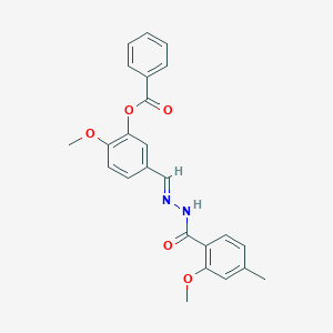 molecular formula C24H22N2O5 B423111 2-methoxy-5-[(E)-{2-[(2-methoxy-4-methylphenyl)carbonyl]hydrazinylidene}methyl]phenyl benzoate 