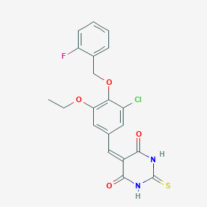 molecular formula C20H16ClFN2O4S B423117 5-{3-chloro-5-ethoxy-4-[(2-fluorobenzyl)oxy]benzylidene}-2-thioxodihydro-4,6(1H,5H)-pyrimidinedione 