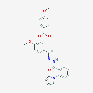 molecular formula C27H23N3O5 B423118 2-methoxy-5-[(E)-(2-{[2-(1H-pyrrol-1-yl)phenyl]carbonyl}hydrazinylidene)methyl]phenyl 4-methoxybenzoate 