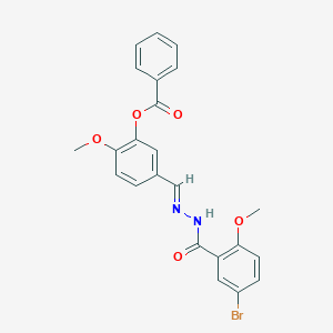molecular formula C23H19BrN2O5 B423120 5-[(E)-{2-[(5-bromo-2-methoxyphenyl)carbonyl]hydrazinylidene}methyl]-2-methoxyphenyl benzoate 