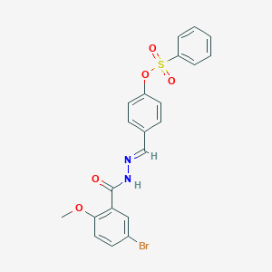 molecular formula C21H17BrN2O5S B423136 4-[(E)-{2-[(5-bromo-2-methoxyphenyl)carbonyl]hydrazinylidene}methyl]phenyl benzenesulfonate 