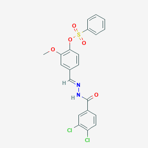 molecular formula C21H16Cl2N2O5S B423152 4-[(E)-{2-[(3,4-dichlorophenyl)carbonyl]hydrazinylidene}methyl]-2-methoxyphenyl benzenesulfonate 