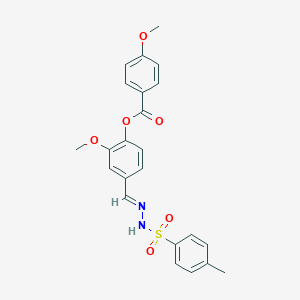 molecular formula C23H22N2O6S B423160 2-methoxy-4-[(E)-{2-[(4-methylphenyl)sulfonyl]hydrazinylidene}methyl]phenyl 4-methoxybenzoate 