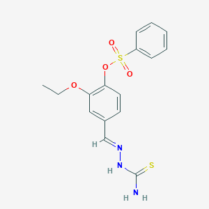 molecular formula C16H17N3O4S2 B423161 4-[(E)-(2-carbamothioylhydrazinylidene)methyl]-2-ethoxyphenyl benzenesulfonate 