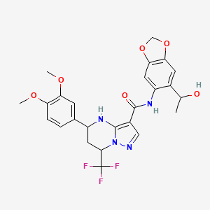 molecular formula C25H25F3N4O6 B4231629 5-(3,4-dimethoxyphenyl)-N-[6-(1-hydroxyethyl)-1,3-benzodioxol-5-yl]-7-(trifluoromethyl)-4,5,6,7-tetrahydropyrazolo[1,5-a]pyrimidine-3-carboxamide 