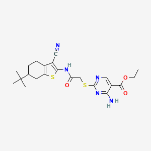 molecular formula C22H27N5O3S2 B4231653 ethyl 4-amino-2-({2-[(6-tert-butyl-3-cyano-4,5,6,7-tetrahydro-1-benzothien-2-yl)amino]-2-oxoethyl}thio)-5-pyrimidinecarboxylate 