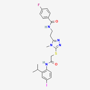 molecular formula C23H25FIN5O2S B4231689 4-fluoro-N-{2-[5-({2-[(4-iodo-2-isopropylphenyl)amino]-2-oxoethyl}thio)-4-methyl-4H-1,2,4-triazol-3-yl]ethyl}benzamide 