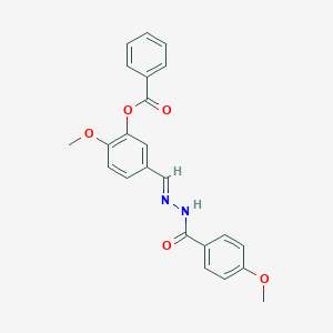molecular formula C23H20N2O5 B423176 2-methoxy-5-[(E)-{2-[(4-methoxyphenyl)carbonyl]hydrazinylidene}methyl]phenyl benzoate 