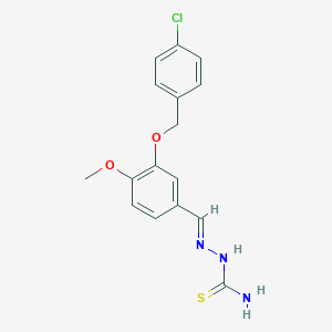 molecular formula C16H16ClN3O2S B423238 (2E)-2-{3-[(4-chlorobenzyl)oxy]-4-methoxybenzylidene}hydrazinecarbothioamide 