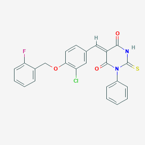 molecular formula C24H16ClFN2O3S B423253 5-{3-chloro-4-[(2-fluorobenzyl)oxy]benzylidene}-1-phenyl-2-thioxodihydro-4,6(1H,5H)-pyrimidinedione 