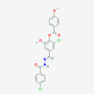 molecular formula C23H18Cl2N2O5 B423254 2-chloro-4-[(E)-{2-[(4-chlorophenyl)carbonyl]hydrazinylidene}methyl]-6-methoxyphenyl 4-methoxybenzoate 