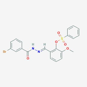 molecular formula C21H17BrN2O5S B423258 2-[(E)-{2-[(3-bromophenyl)carbonyl]hydrazinylidene}methyl]-6-methoxyphenyl benzenesulfonate 