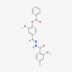 molecular formula C24H22N2O5 B423282 2-methoxy-4-[(E)-{2-[(2-methoxy-4-methylphenyl)carbonyl]hydrazinylidene}methyl]phenyl benzoate 
