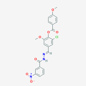molecular formula C23H18ClN3O7 B423298 2-chloro-6-methoxy-4-[(E)-{2-[(3-nitrophenyl)carbonyl]hydrazinylidene}methyl]phenyl 4-methoxybenzoate 