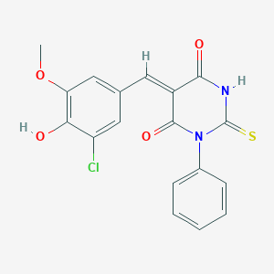 molecular formula C18H13ClN2O4S B423299 5-(3-chloro-4-hydroxy-5-methoxybenzylidene)-1-phenyl-2-thioxodihydro-4,6(1H,5H)-pyrimidinedione 