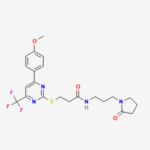 molecular formula C22H25F3N4O3S B4233005 3-{[4-(4-methoxyphenyl)-6-(trifluoromethyl)-2-pyrimidinyl]thio}-N-[3-(2-oxo-1-pyrrolidinyl)propyl]propanamide 