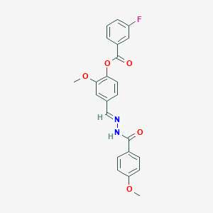 molecular formula C23H19FN2O5 B423302 2-methoxy-4-[(E)-{2-[(4-methoxyphenyl)carbonyl]hydrazinylidene}methyl]phenyl 3-fluorobenzoate 