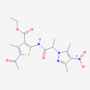molecular formula C18H22N4O6S B4233085 ethyl 5-acetyl-2-{[2-(3,5-dimethyl-4-nitro-1H-pyrazol-1-yl)propanoyl]amino}-4-methyl-3-thiophenecarboxylate 