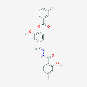 molecular formula C24H21FN2O5 B423316 2-methoxy-4-[(E)-{2-[(2-methoxy-4-methylphenyl)carbonyl]hydrazinylidene}methyl]phenyl 3-fluorobenzoate 