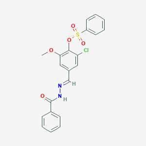 molecular formula C21H17ClN2O5S B423334 2-chloro-6-methoxy-4-{(E)-[2-(phenylcarbonyl)hydrazinylidene]methyl}phenyl benzenesulfonate 