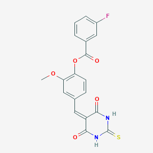 molecular formula C19H13FN2O5S B423341 4-[(4,6-dioxo-2-thioxotetrahydro-5(2H)-pyrimidinylidene)methyl]-2-methoxyphenyl3-fluorobenzoate 